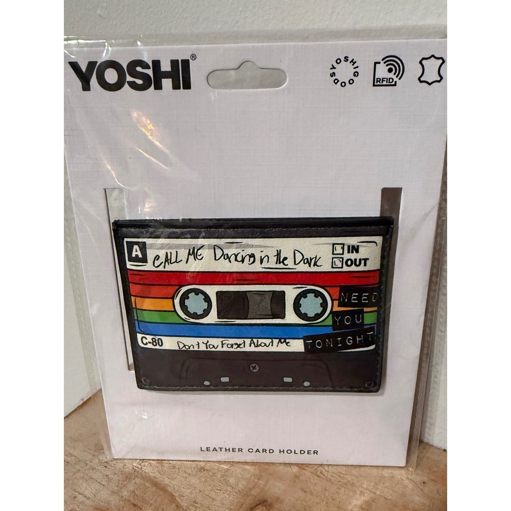 Yoshi Leather Card Holder Retro 80s Cassette Tape RFID Black Wallet RARE NWT
